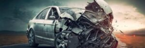 An animation of a car that has suffered catastrophic damage in an accident