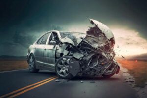 An animation of a car that has suffered catastrophic damage in an accident