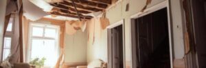 An apartment's ceiling has collapsed due to water damage