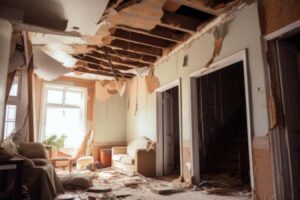 An apartment's ceiling has collapsed due to water damage